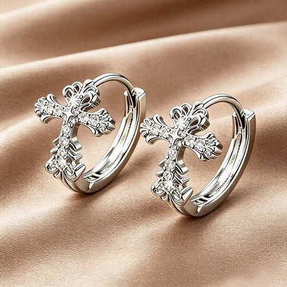 Ornate Moissanite Cross Hoop Earrings