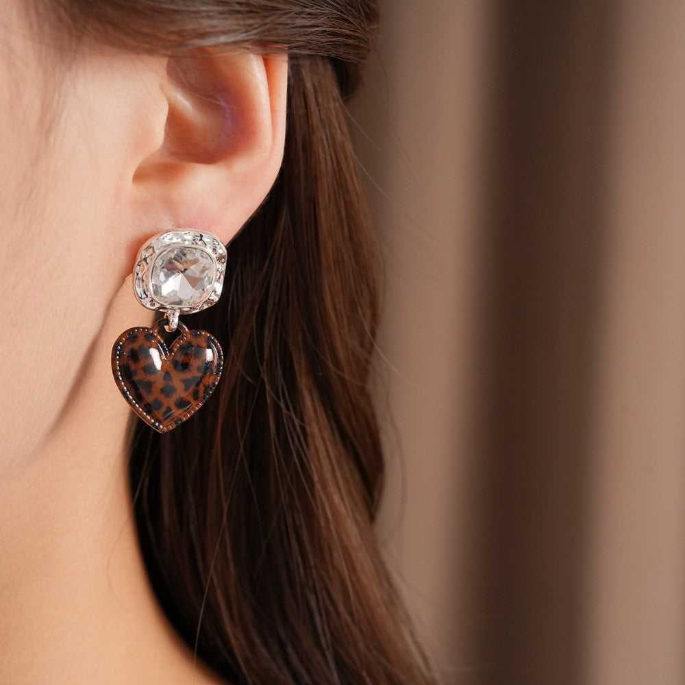 Square Crystal Leopard Heart Earrings