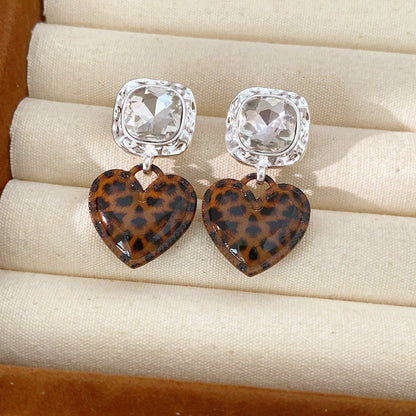 Square Crystal Leopard Heart Earrings