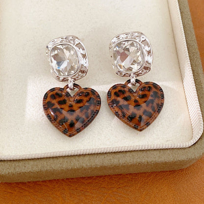Square Crystal Leopard Heart Earrings