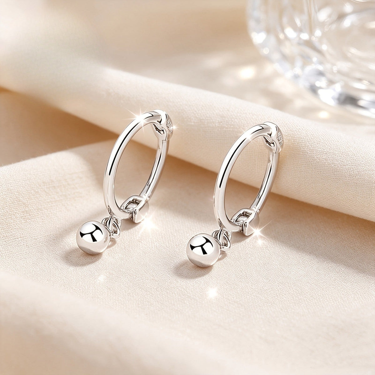 Round Bead Drop Hoop Earrings