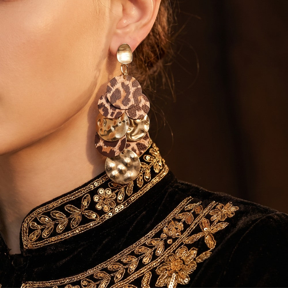 Leopard Metallic Disc Drop Earrings