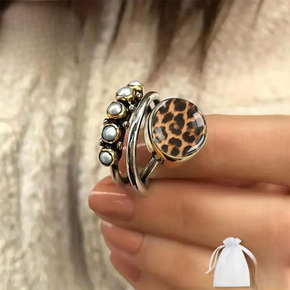 Leopard Print & Pearl Ring Set