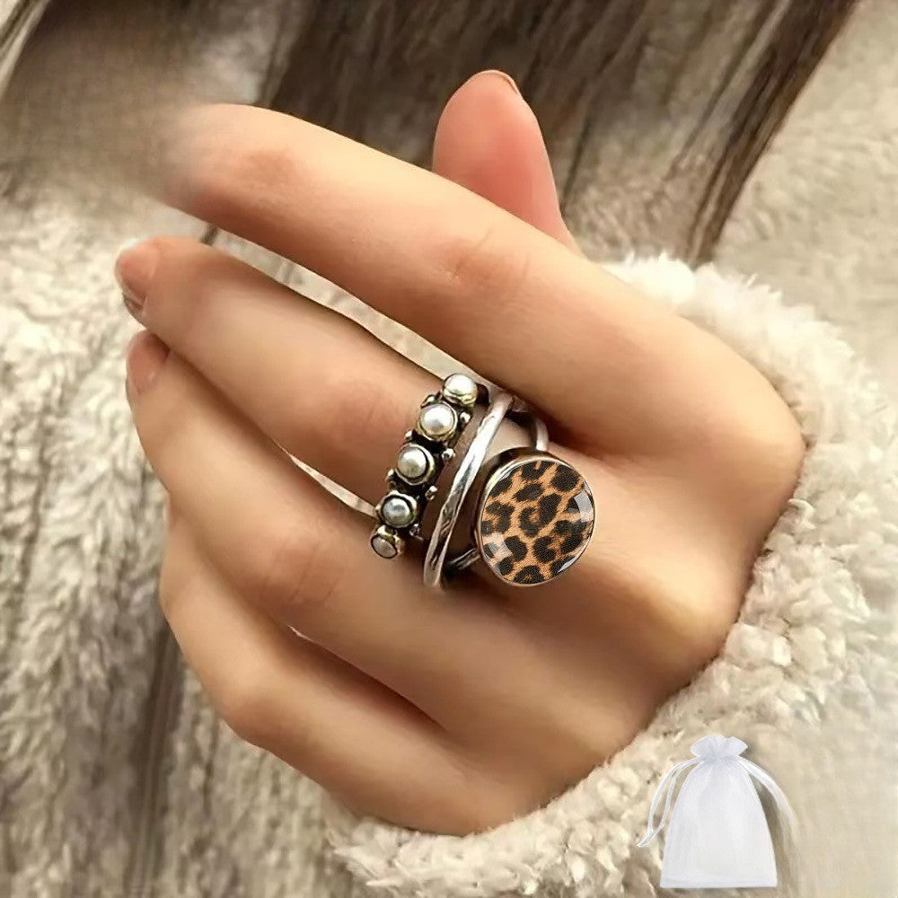 Leopard Print & Pearl Ring Set
