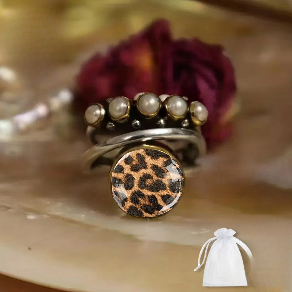 Leopard Print & Pearl Ring Set