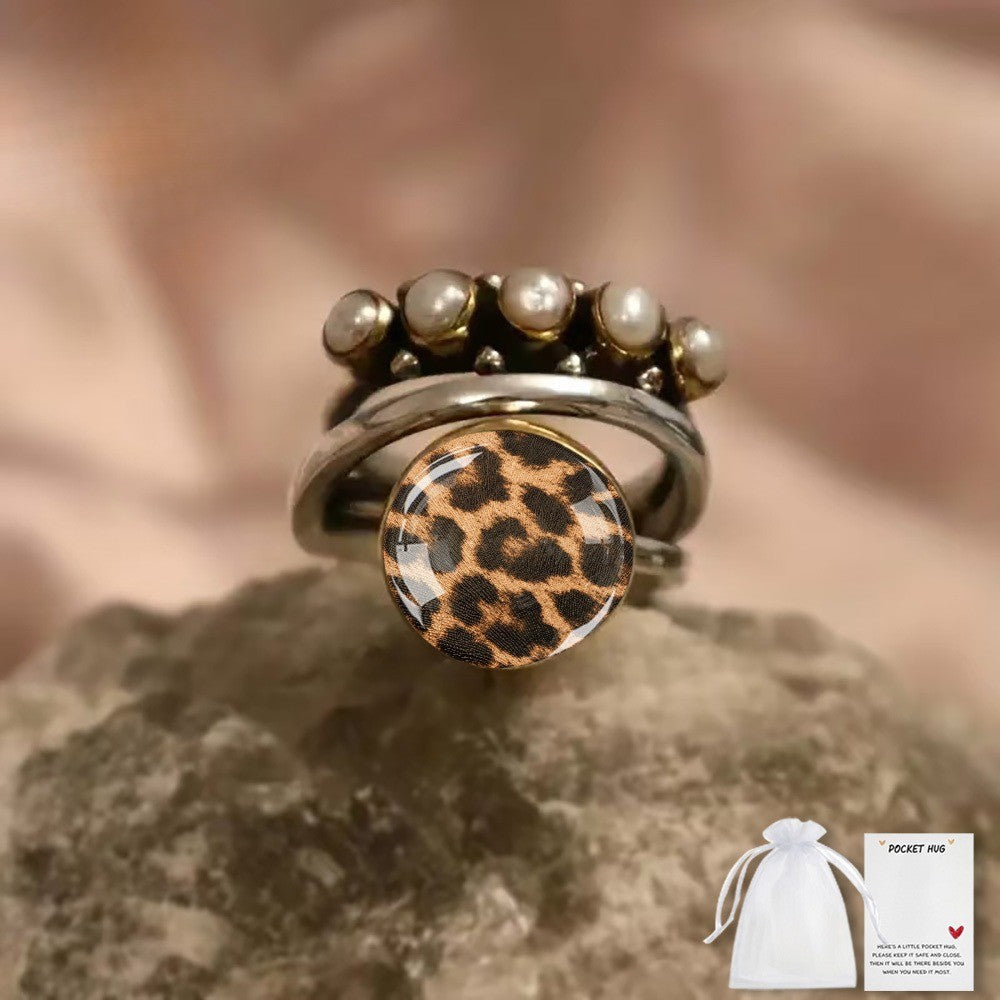 Leopard Print & Pearl Ring Set