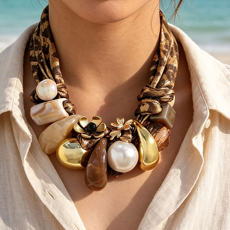 Leopard Woven Floral Statement Necklace