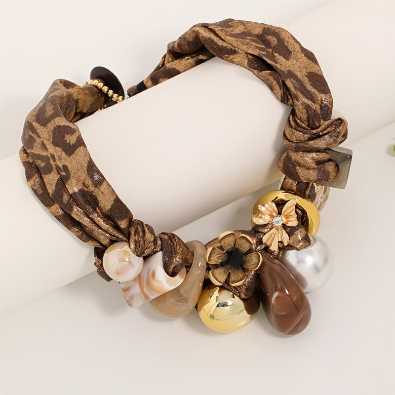 Leopard Woven Floral Statement Necklace