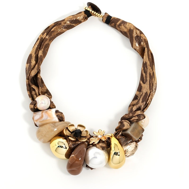 Leopard Woven Floral Statement Necklace