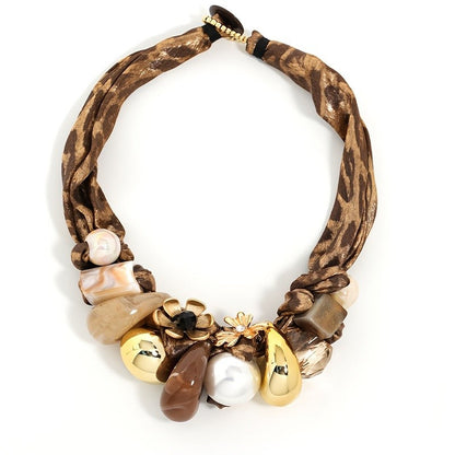 Leopard Woven Floral Statement Necklace