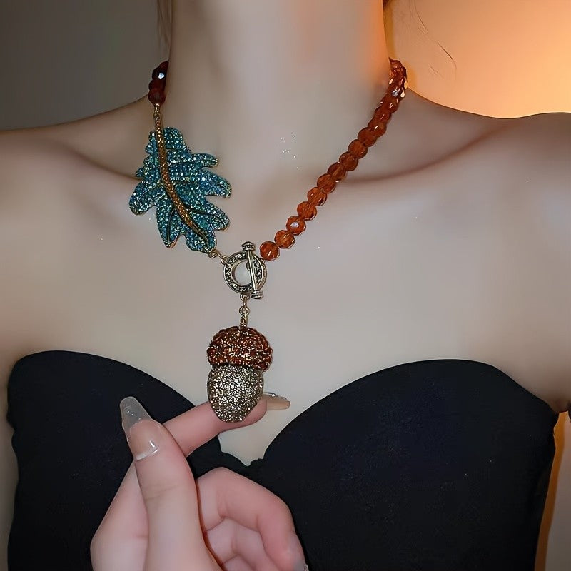 Teal Leaf & Acorn Necklace