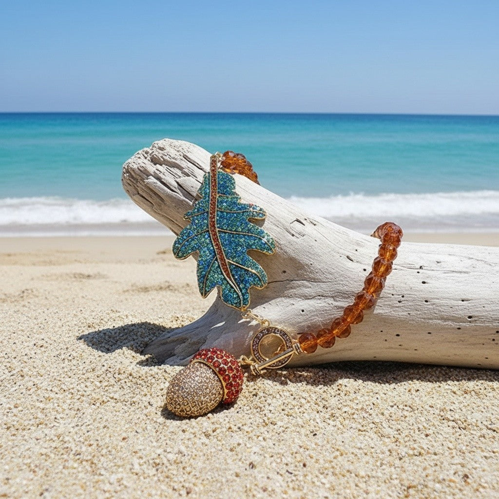 Teal Leaf & Acorn Necklace