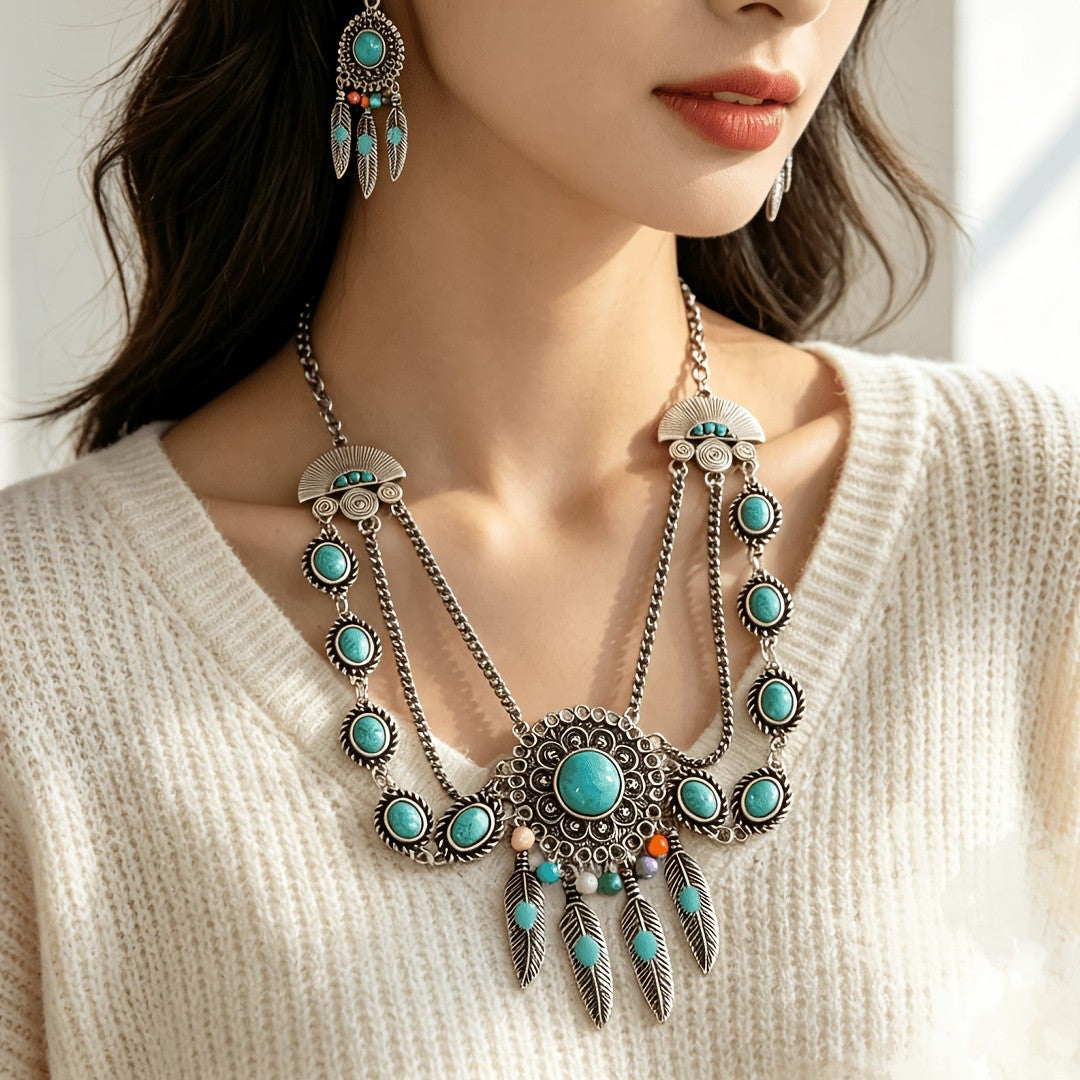 Turquoise Feather Statement Necklace Set