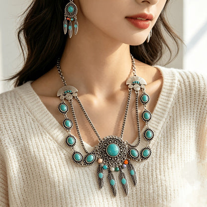 Turquoise Feather Statement Necklace Set