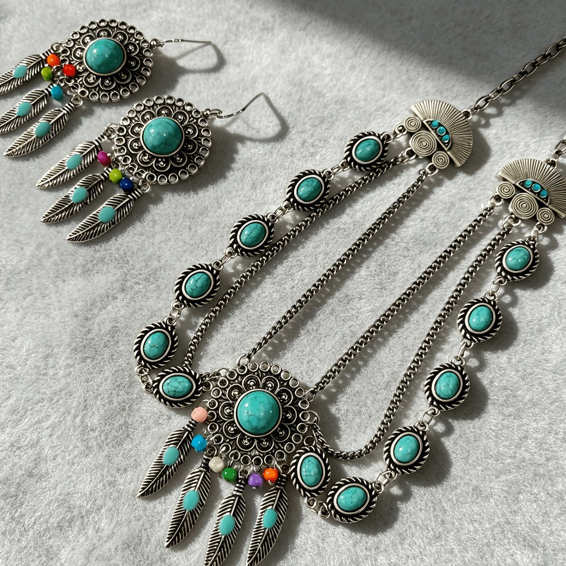 Turquoise Feather Statement Necklace Set