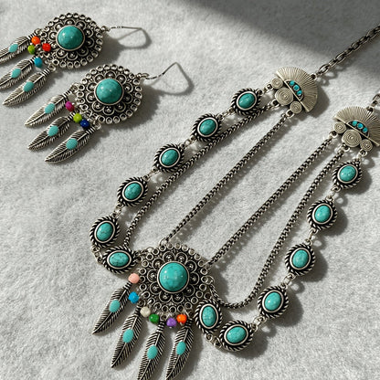 Turquoise Feather Statement Necklace Set