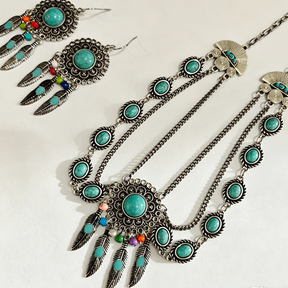 Turquoise Feather Statement Necklace Set