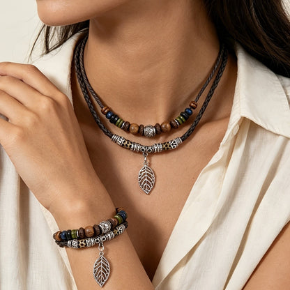 Braided Cord Leaf Charm Necklace & Bracelet Set