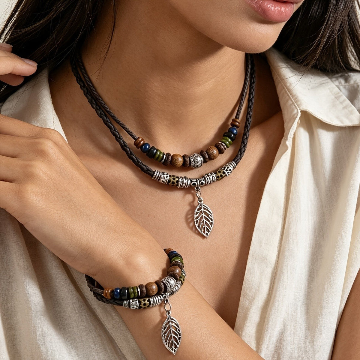 Braided Cord Leaf Charm Necklace & Bracelet Set