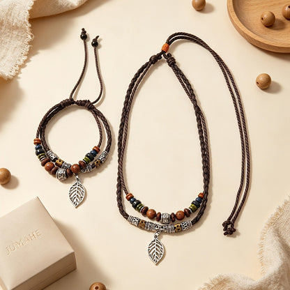Braided Cord Leaf Charm Necklace & Bracelet Set