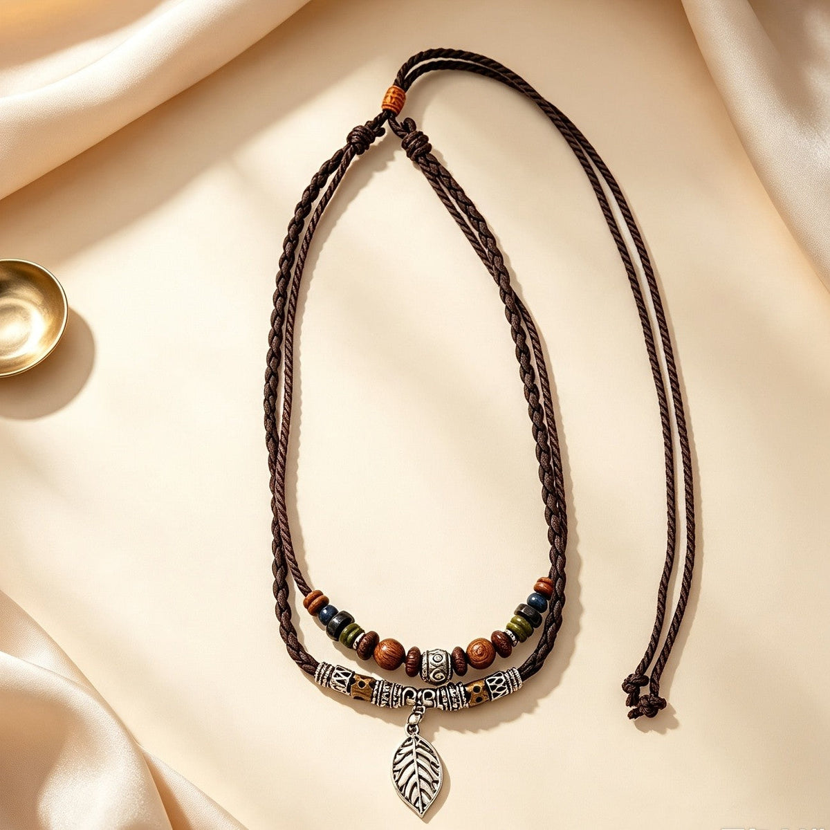 Braided Cord Leaf Charm Necklace & Bracelet Set