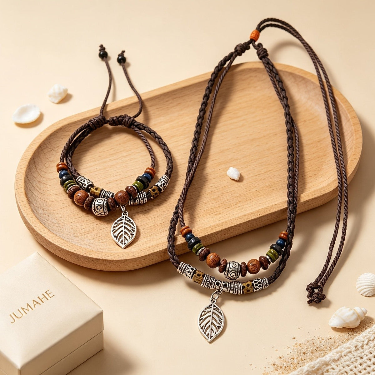 Braided Cord Leaf Charm Necklace & Bracelet Set
