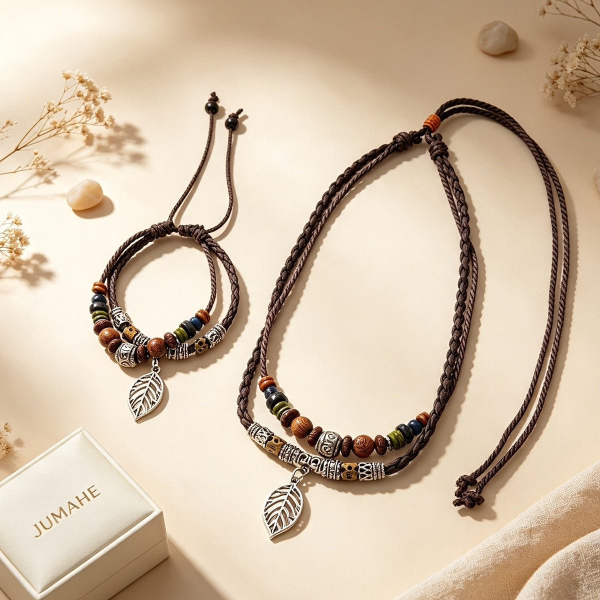 Braided Cord Leaf Charm Necklace & Bracelet Set