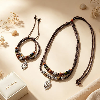 Braided Cord Leaf Charm Necklace & Bracelet Set