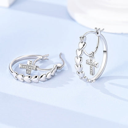 Pave Cross Heart Hoop Earrings