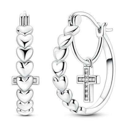 Pave Cross Heart Hoop Earrings