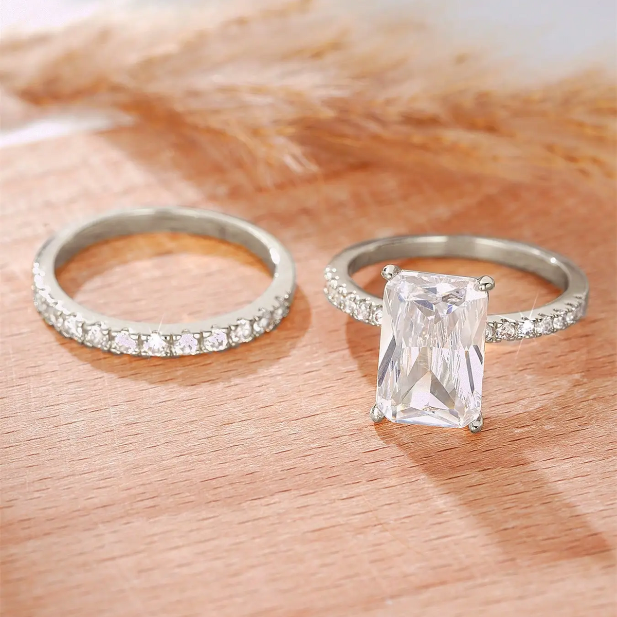 2pc Squared Rhinestone Ring Set