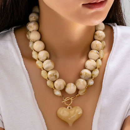 2pc Marble Beaded Heart Necklace