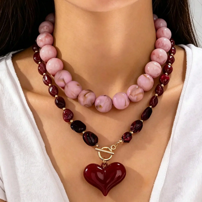 2pc Marble Beaded Heart Necklace