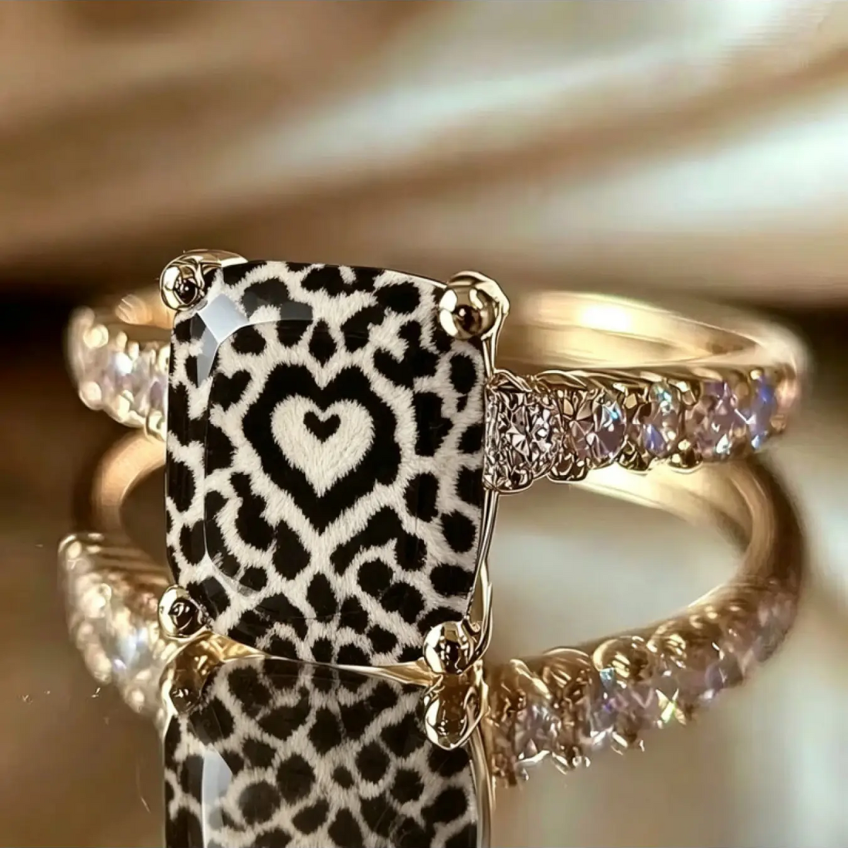 Black and White Heart Leopard Square Ring