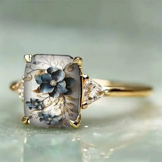 Blue Floral Art Statement Ring