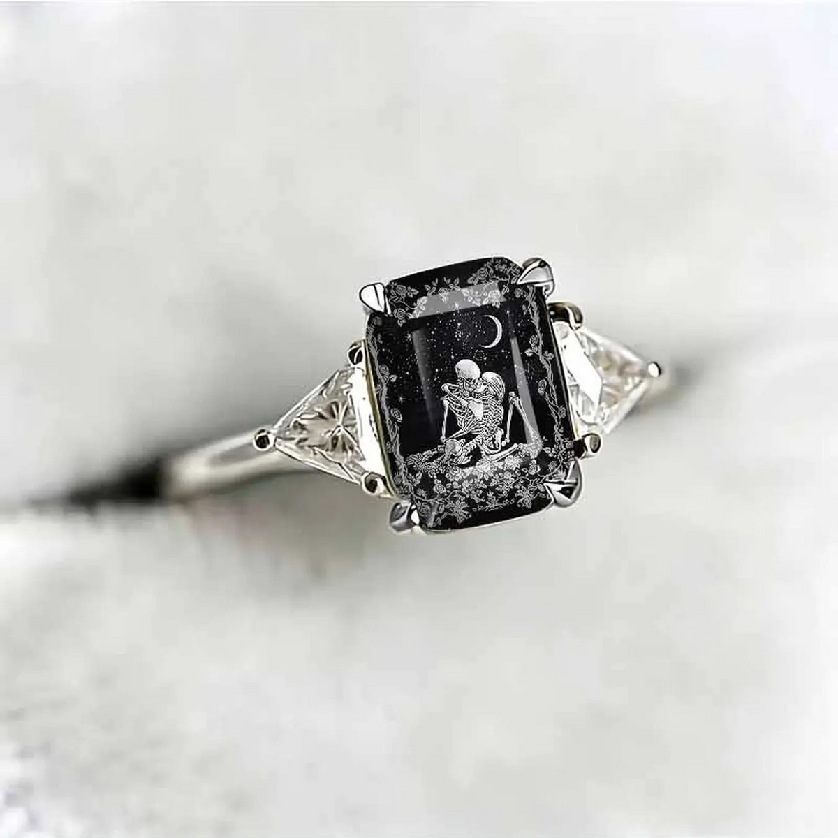 Starry Night Couple Skeleton Square Ring