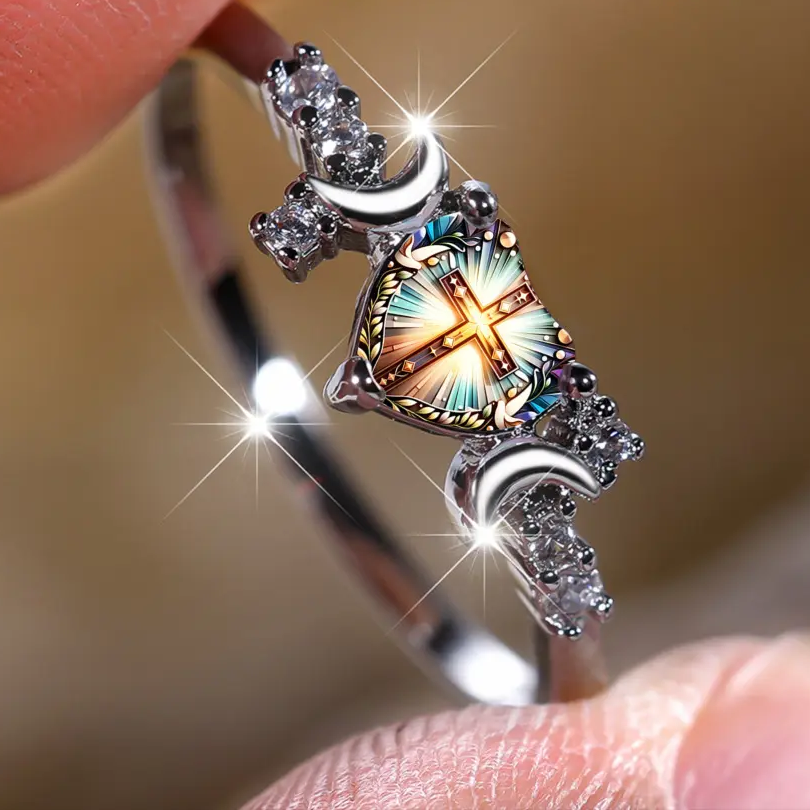 Cross Heart Crescent Moon Ring