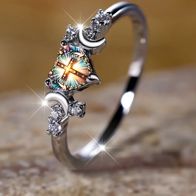Cross Heart Crescent Moon Ring