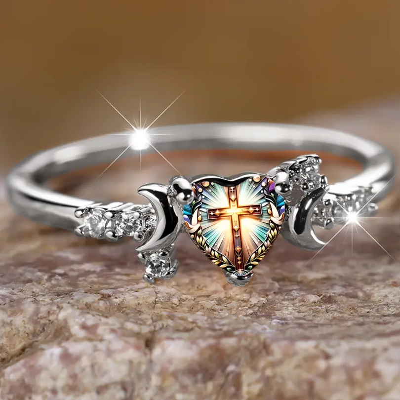 Cross Heart Crescent Moon Ring