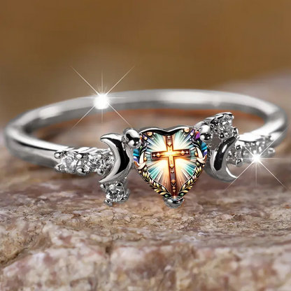 Cross Heart Crescent Moon Ring