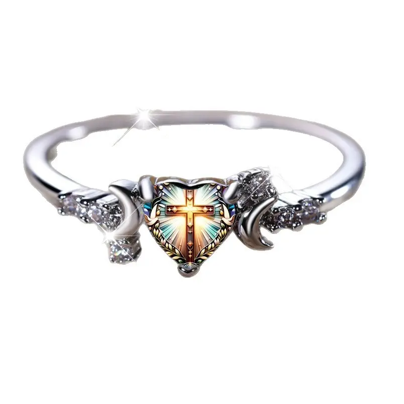 Cross Heart Crescent Moon Ring