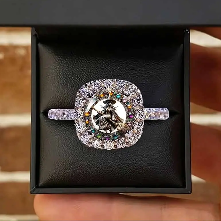 Witch On Broom Pave Ring