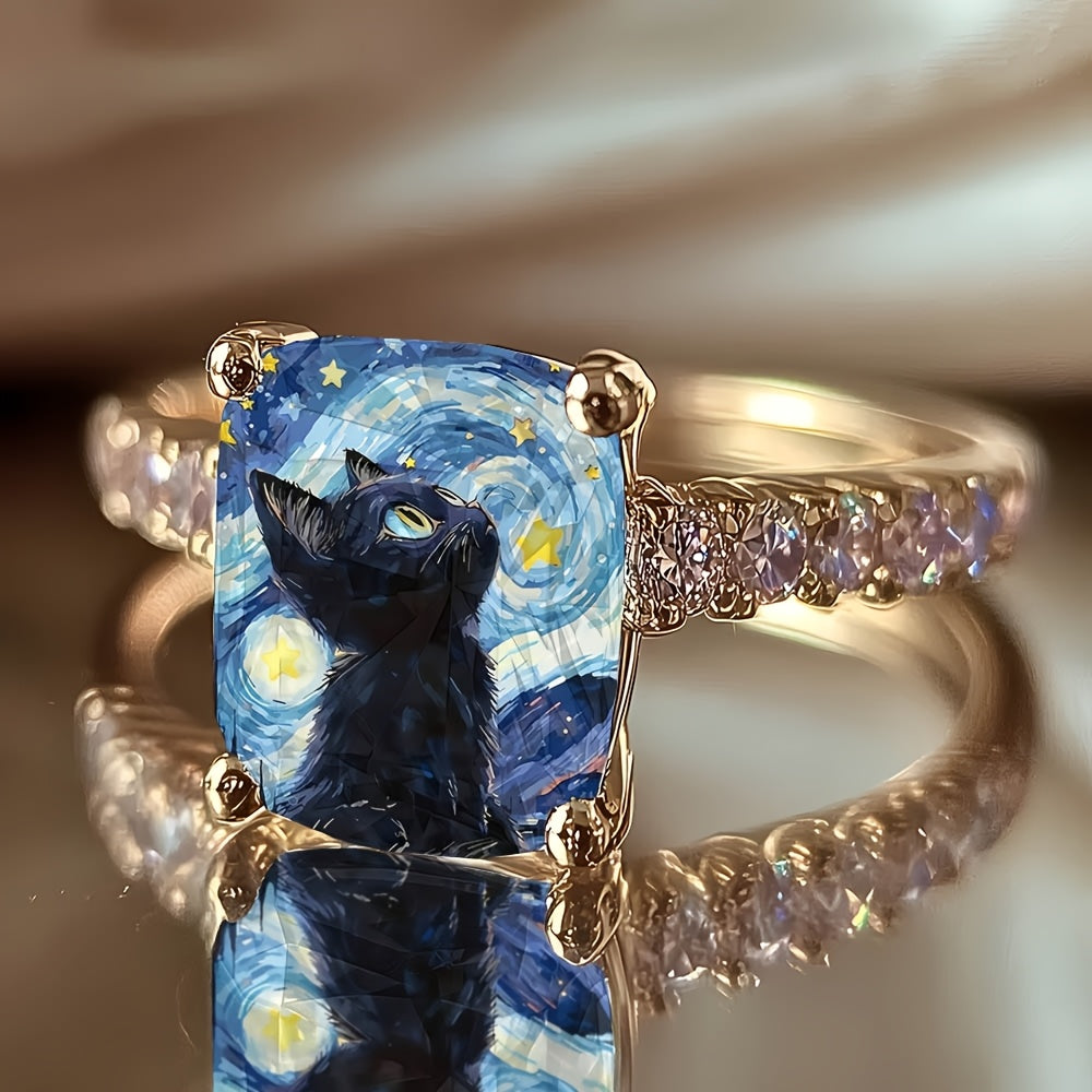 Starry Night Cat Square Ring